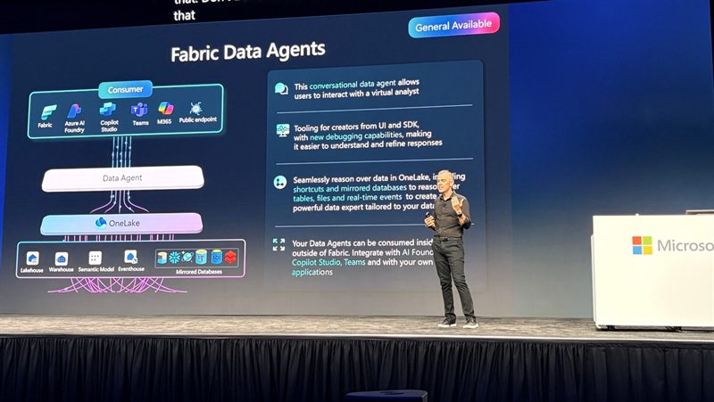 Pablo Junco presenting Microsoft Fabric Data Agents on stage.